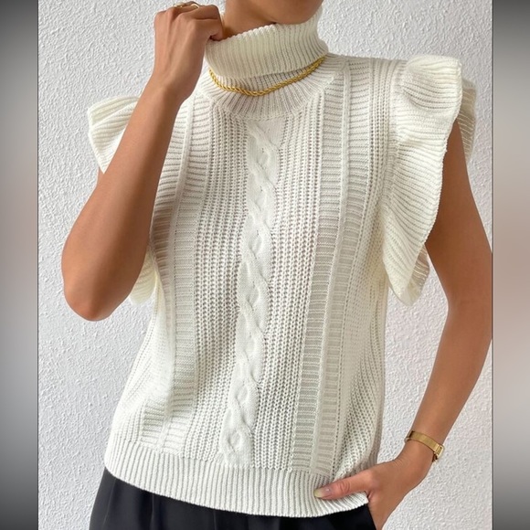 ✨Turtle Neck Ruffle Trim Cable Knit Sweater Vest - Picture 6 of 8